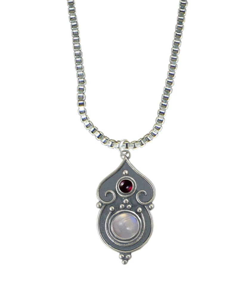 Sterling Silver Necklace Rainbow Moonstone And Garnet